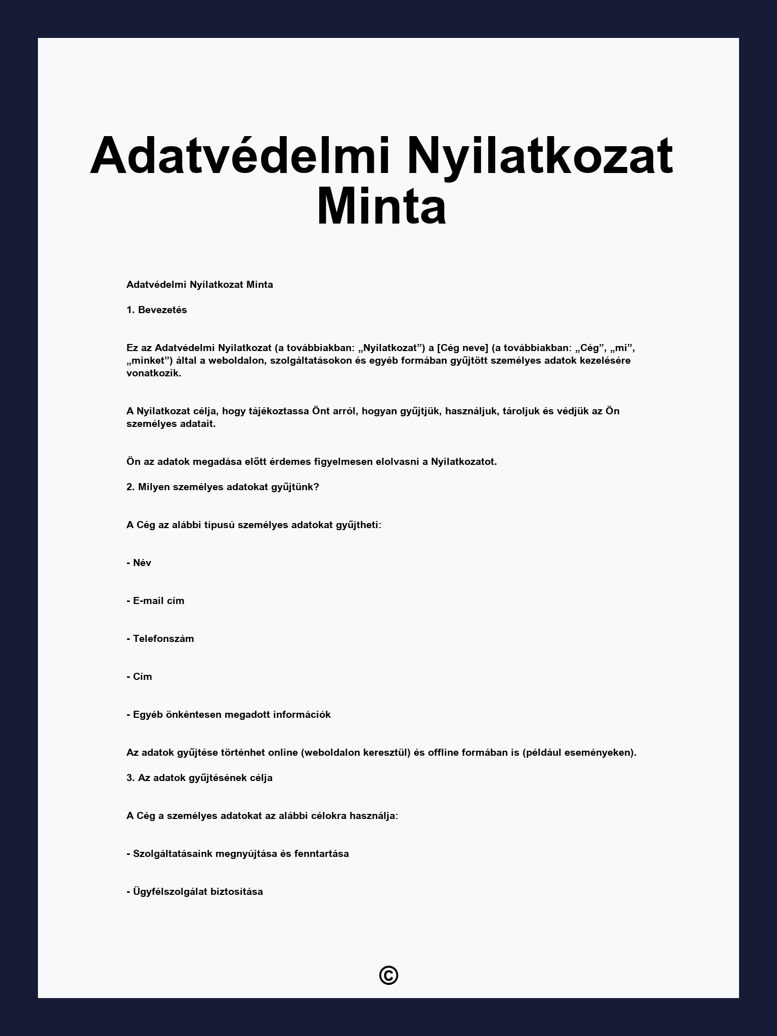 Adatvédelmi Nyilatkozat Minta