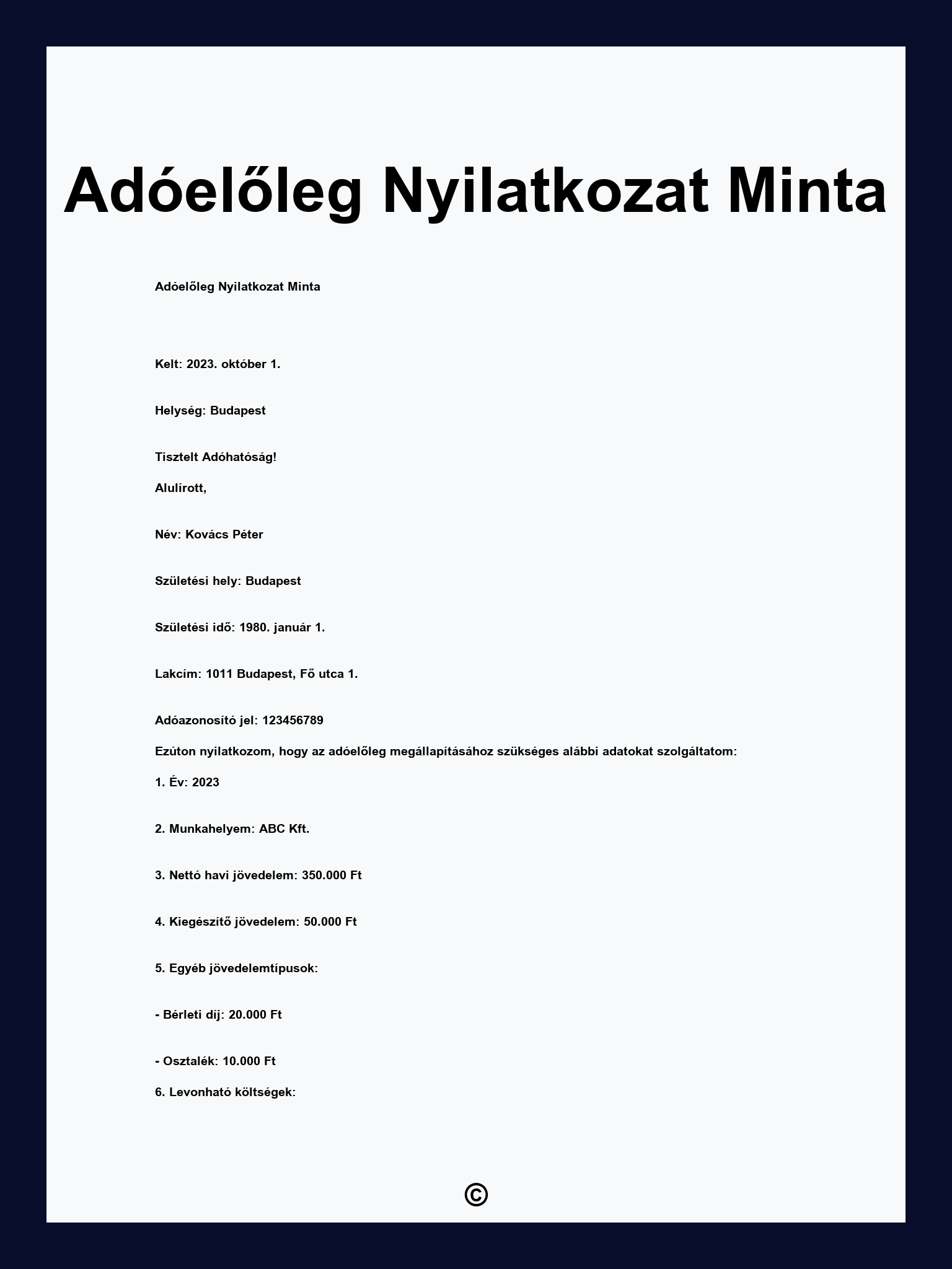 Adóelőleg Nyilatkozat Minta