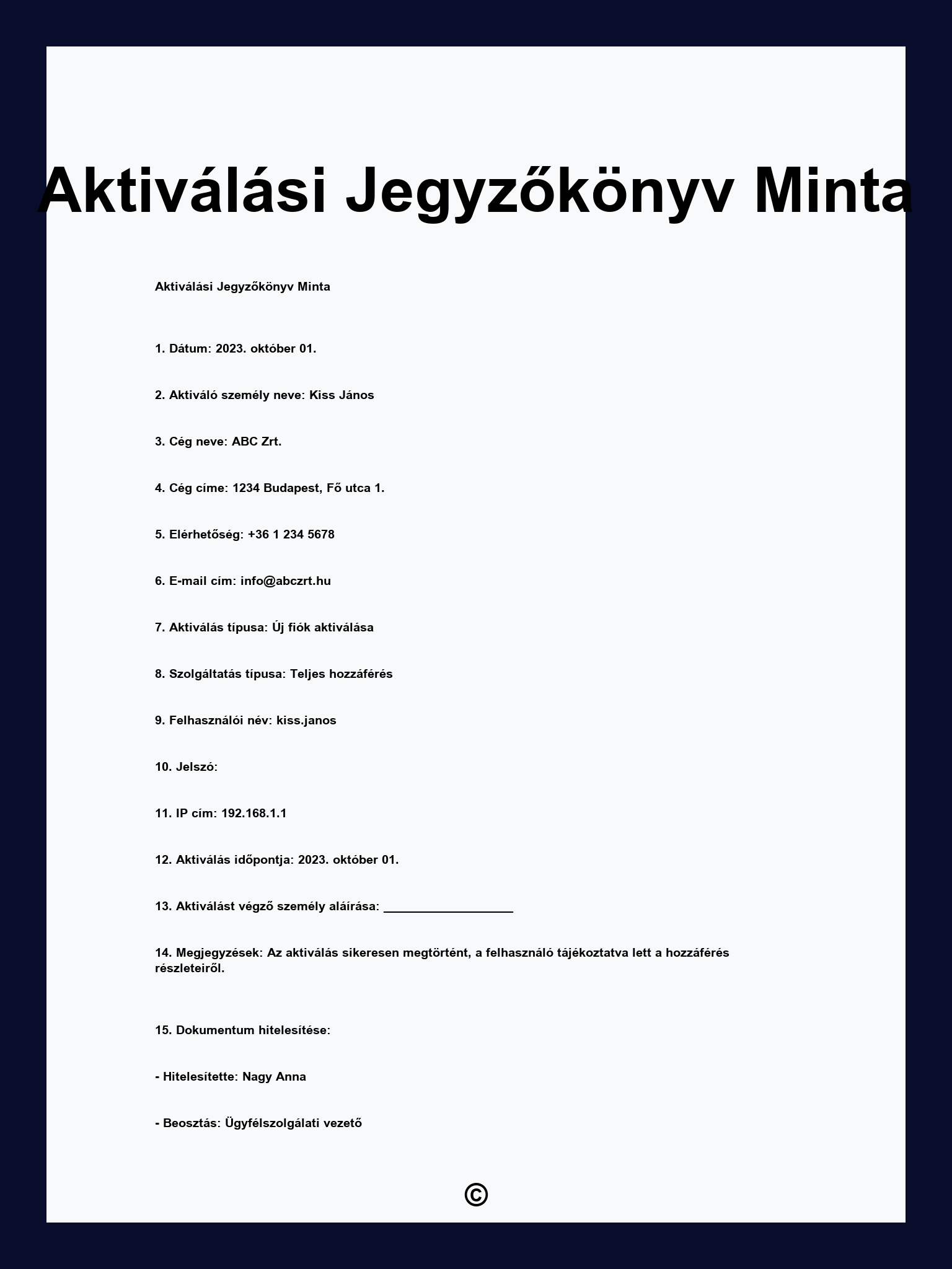 Aktiválási Jegyzőkönyv Minta