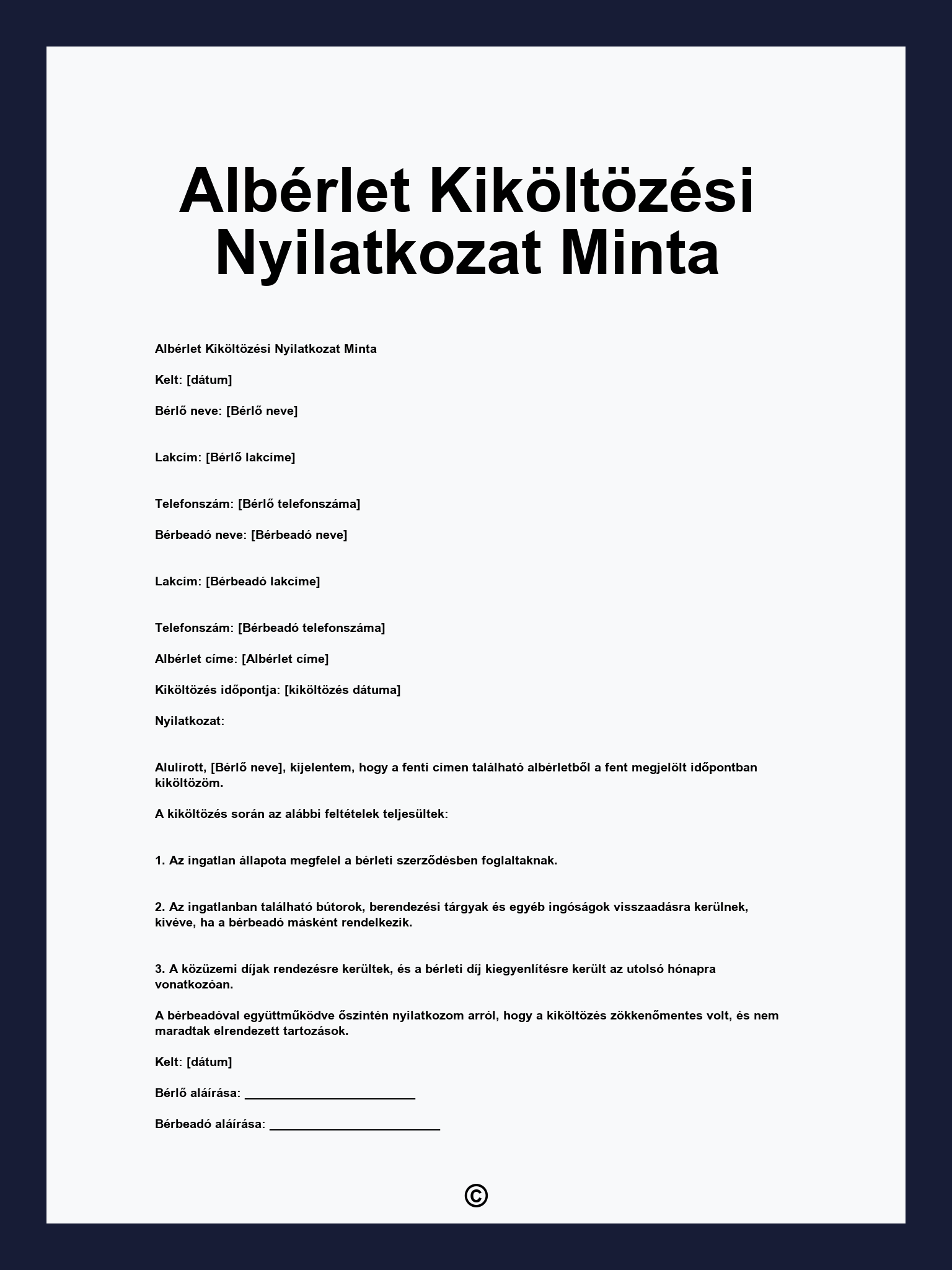 Albérlet Kiköltözési Nyilatkozat Minta