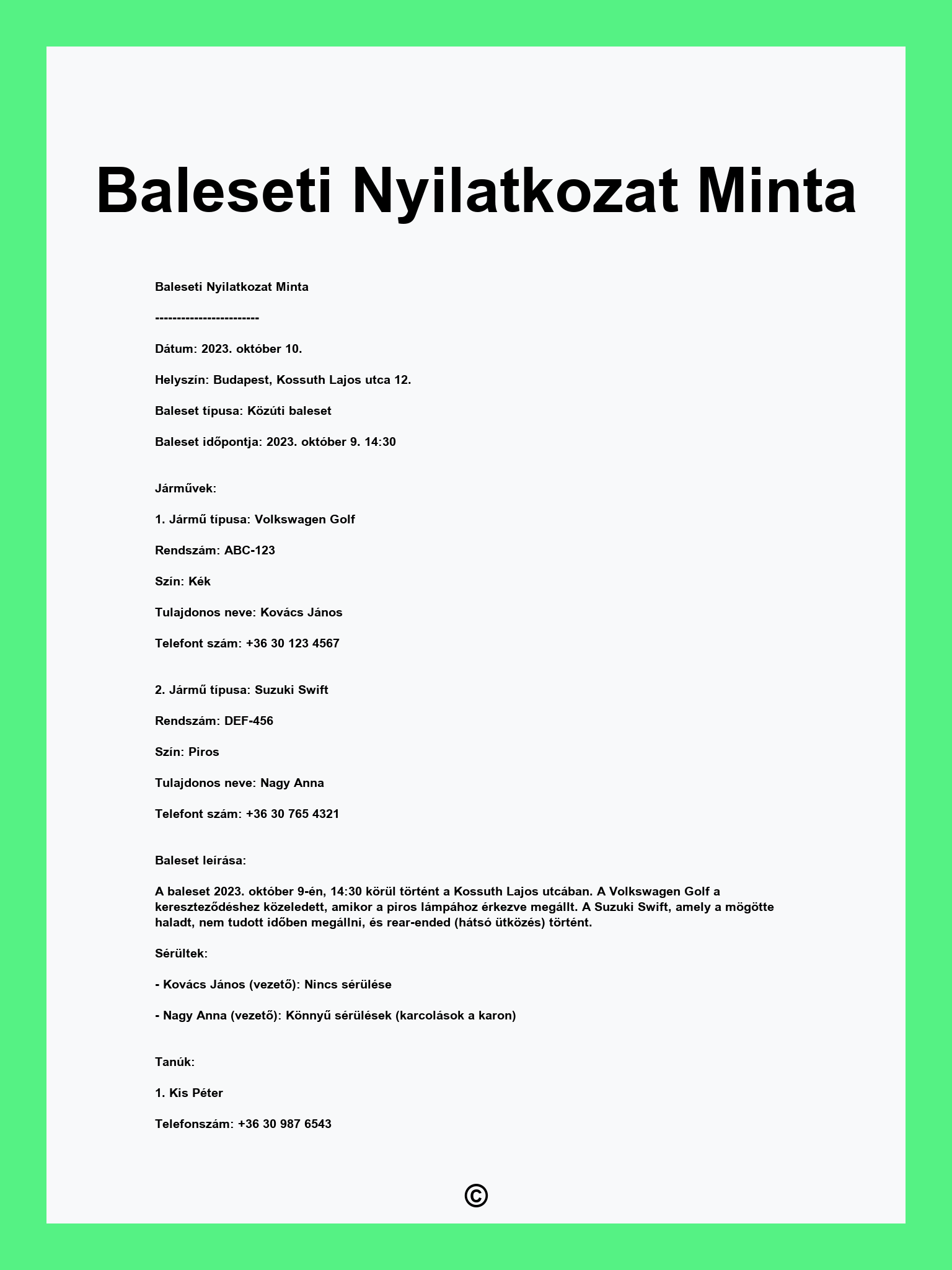 Baleseti Nyilatkozat Minta