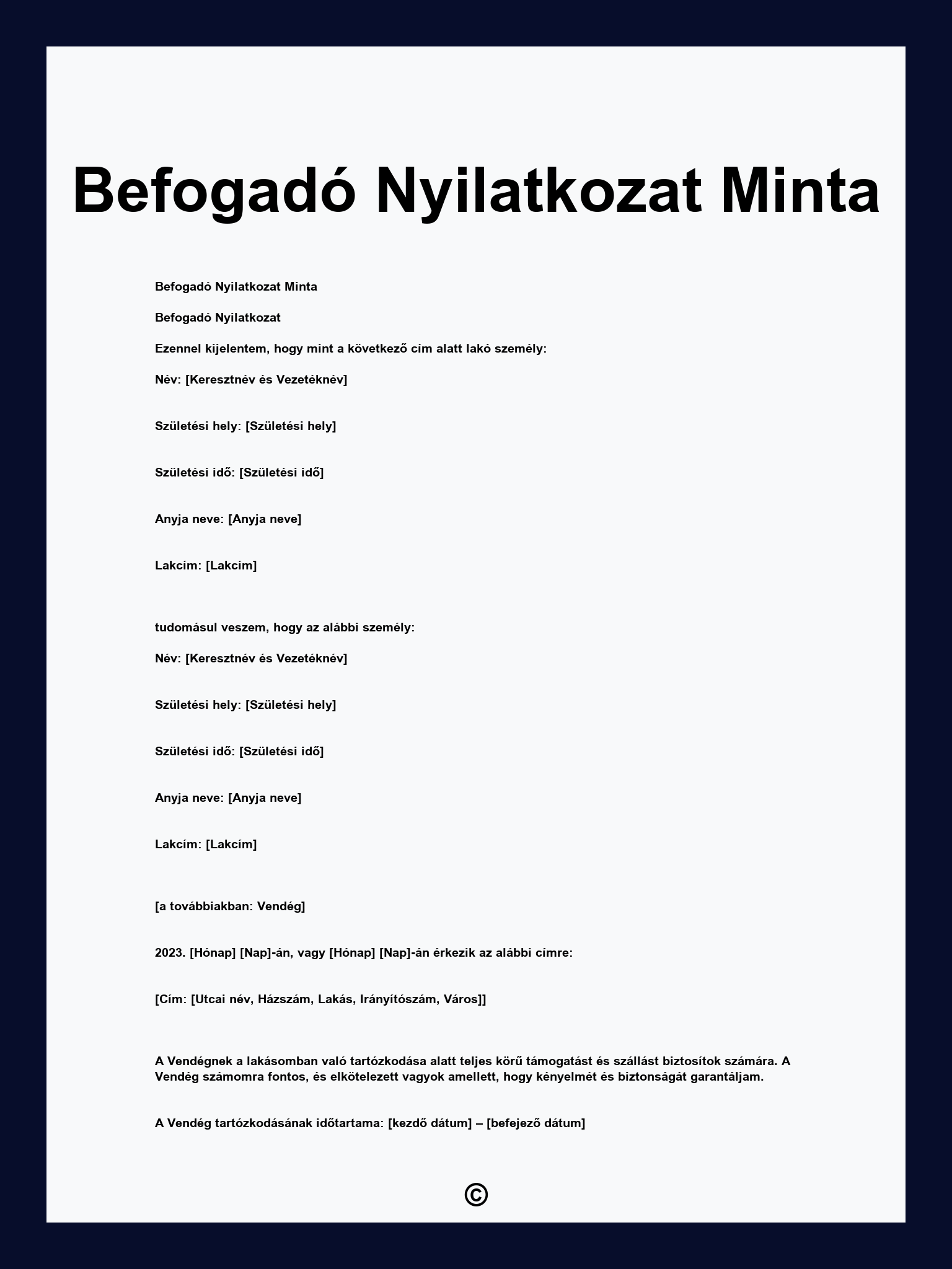 Befogadó Nyilatkozat Minta