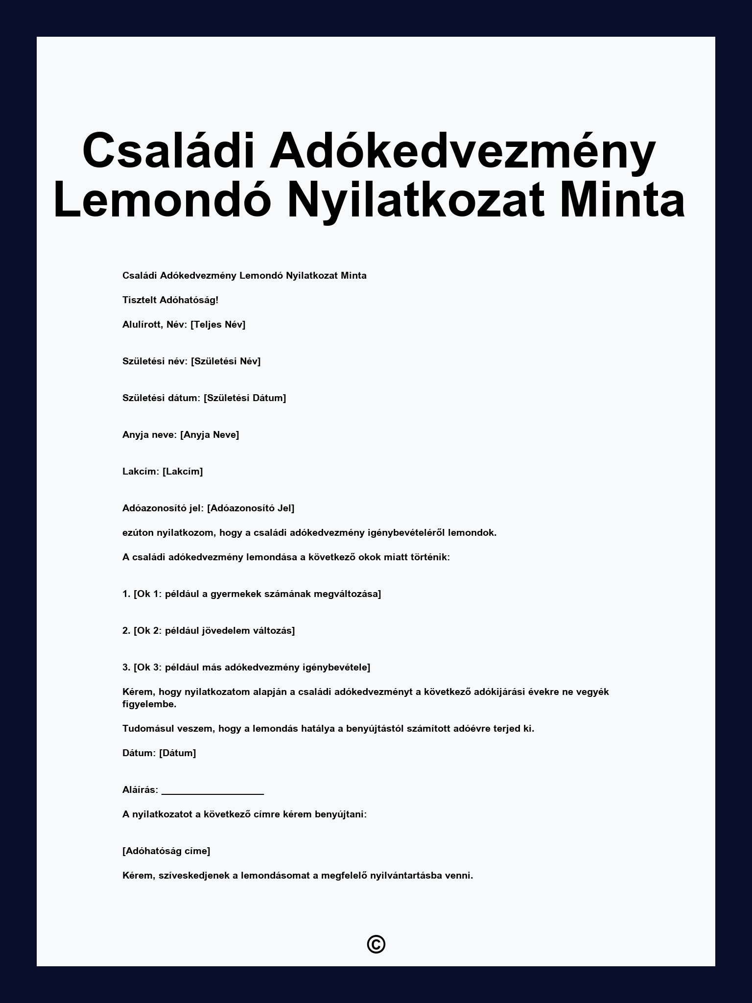 Családi Adókedvezmény Lemondó Nyilatkozat Minta