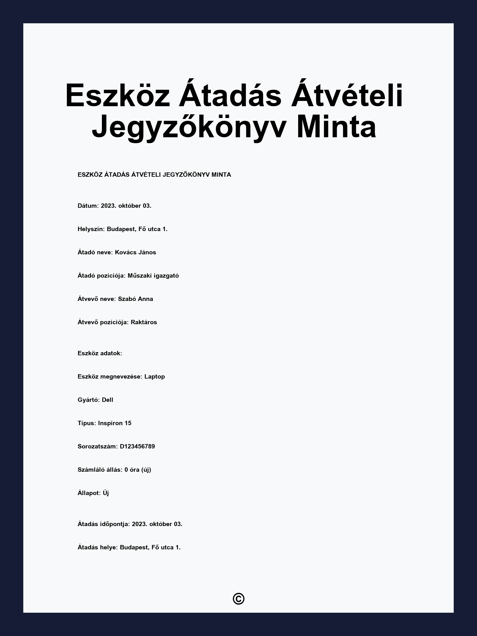 Eszköz Átadás Átvételi Jegyzőkönyv Minta