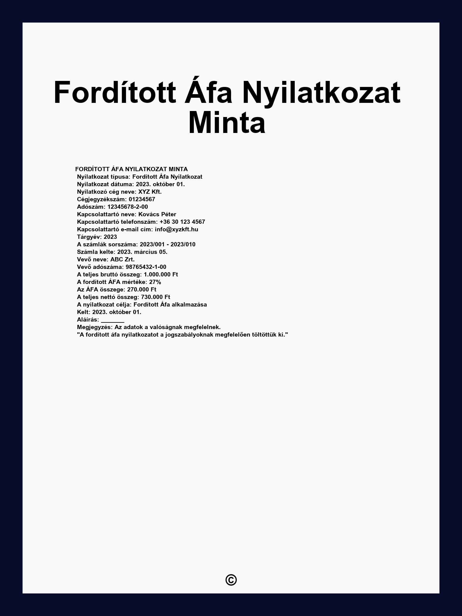 Fordított Áfa Nyilatkozat Minta