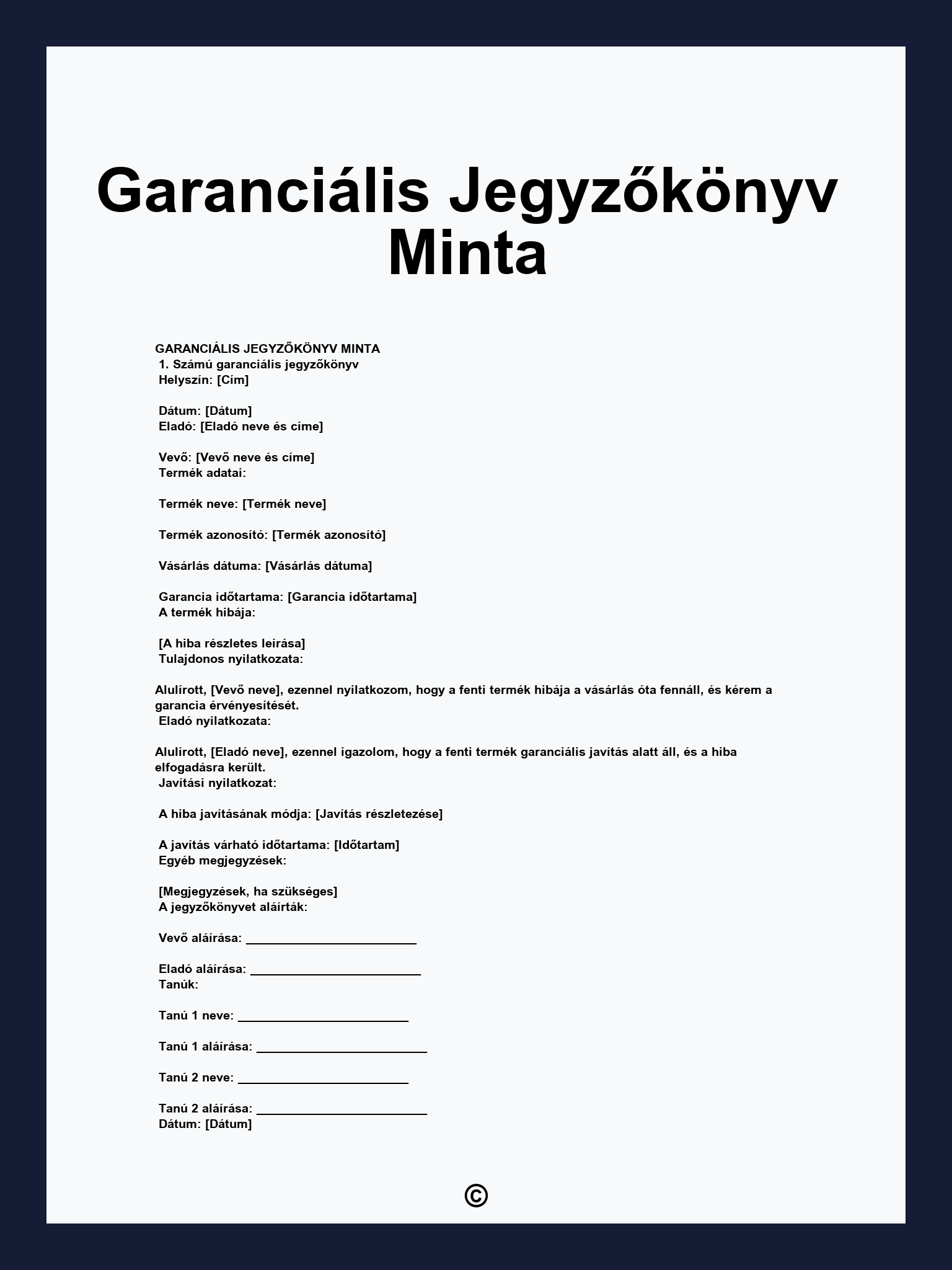 Garanciális Jegyzőkönyv Minta