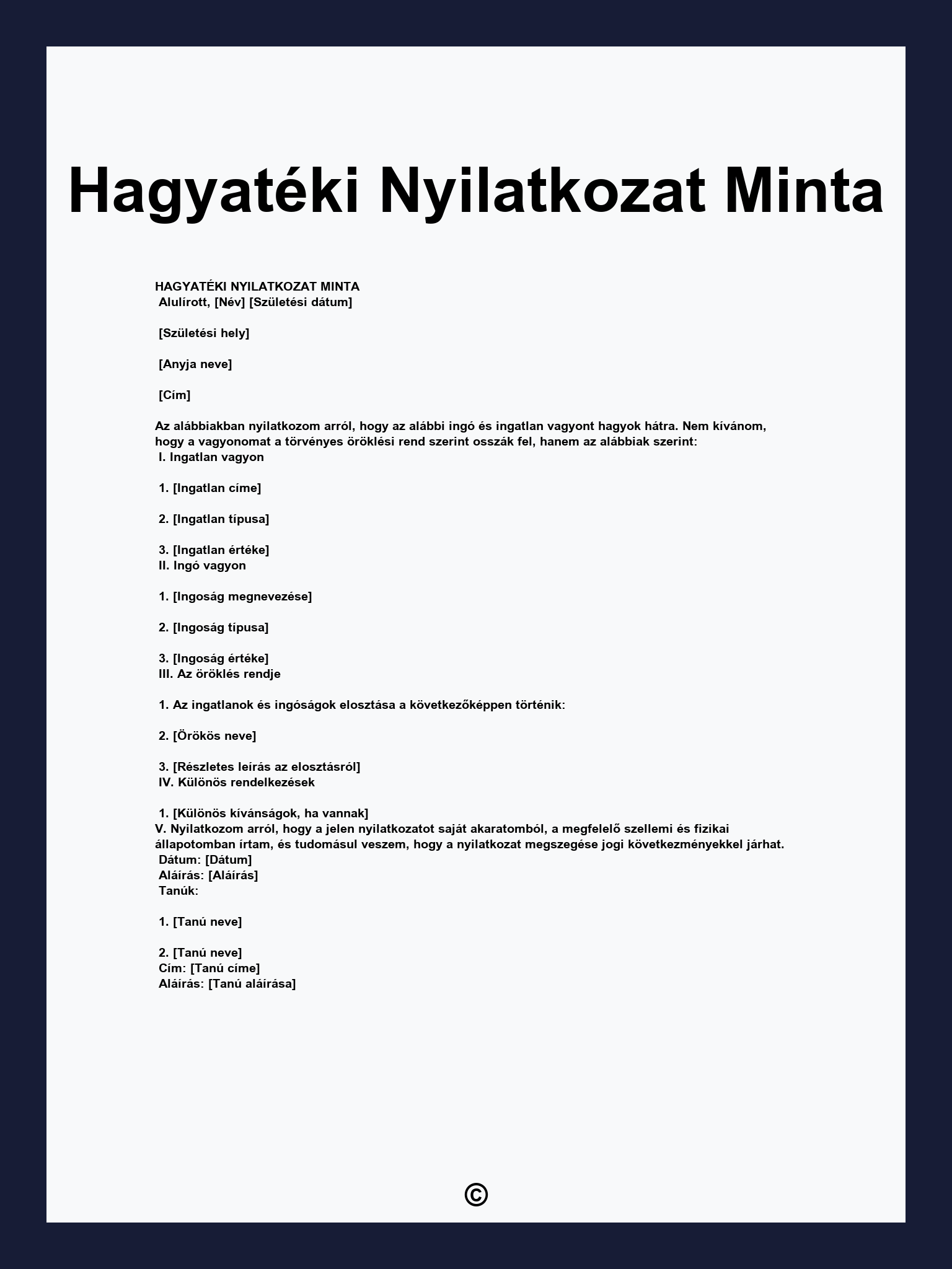 Hagyatéki Nyilatkozat Minta