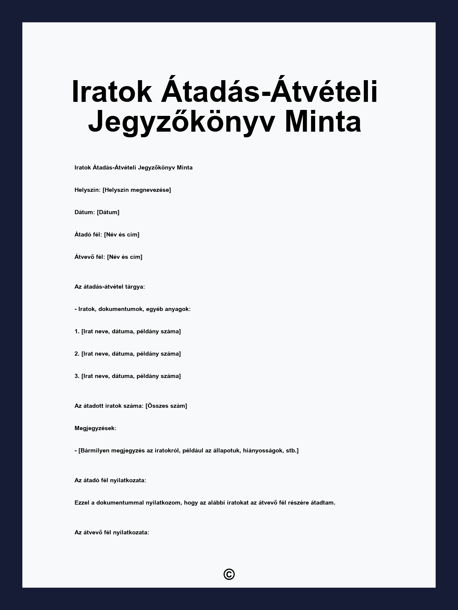 Iratok Átadás-Átvételi Jegyzőkönyv Minta