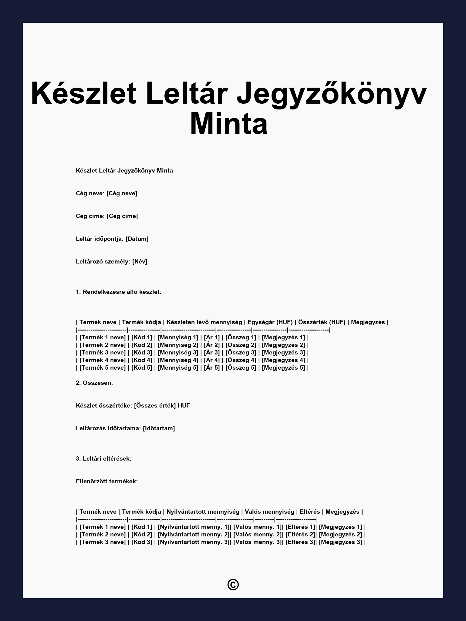 Készlet Leltár Jegyzőkönyv Minta