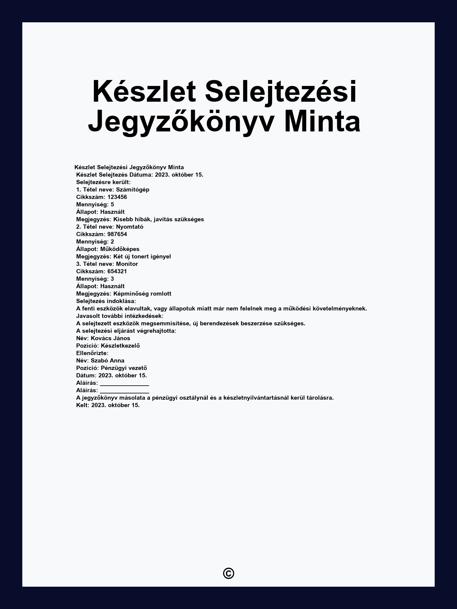 Készlet Selejtezési Jegyzőkönyv Minta