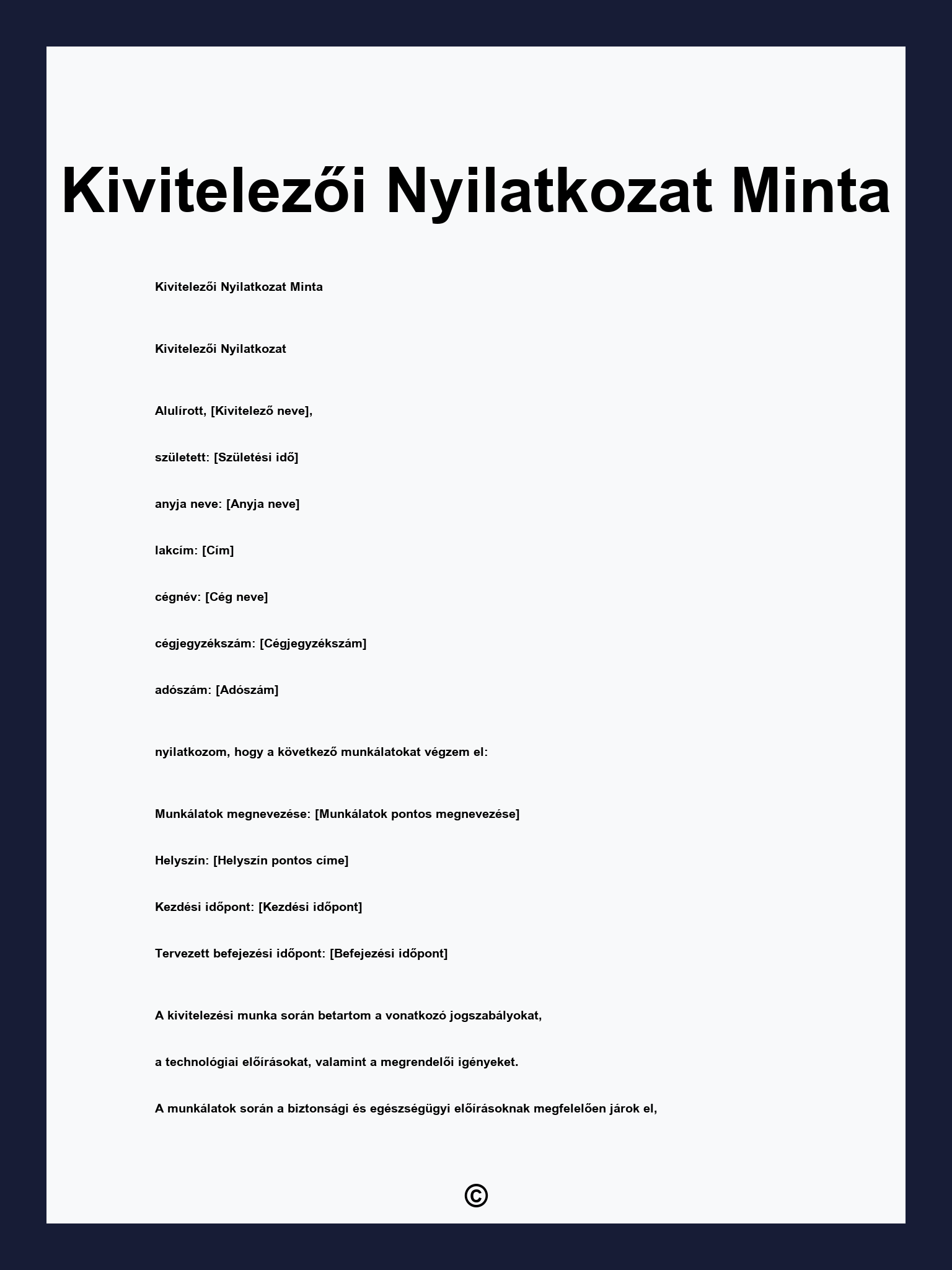 Kivitelezői Nyilatkozat Minta