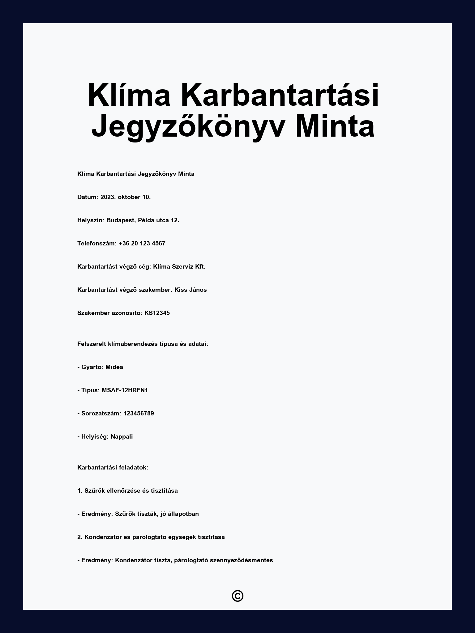 Klíma Karbantartási Jegyzőkönyv Minta