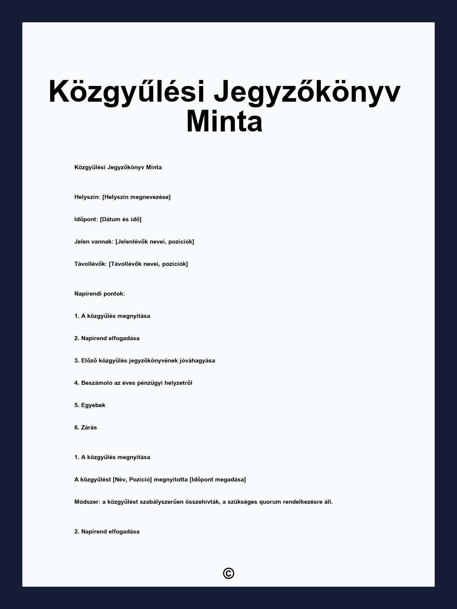 Közgyűlési Jegyzőkönyv Minta