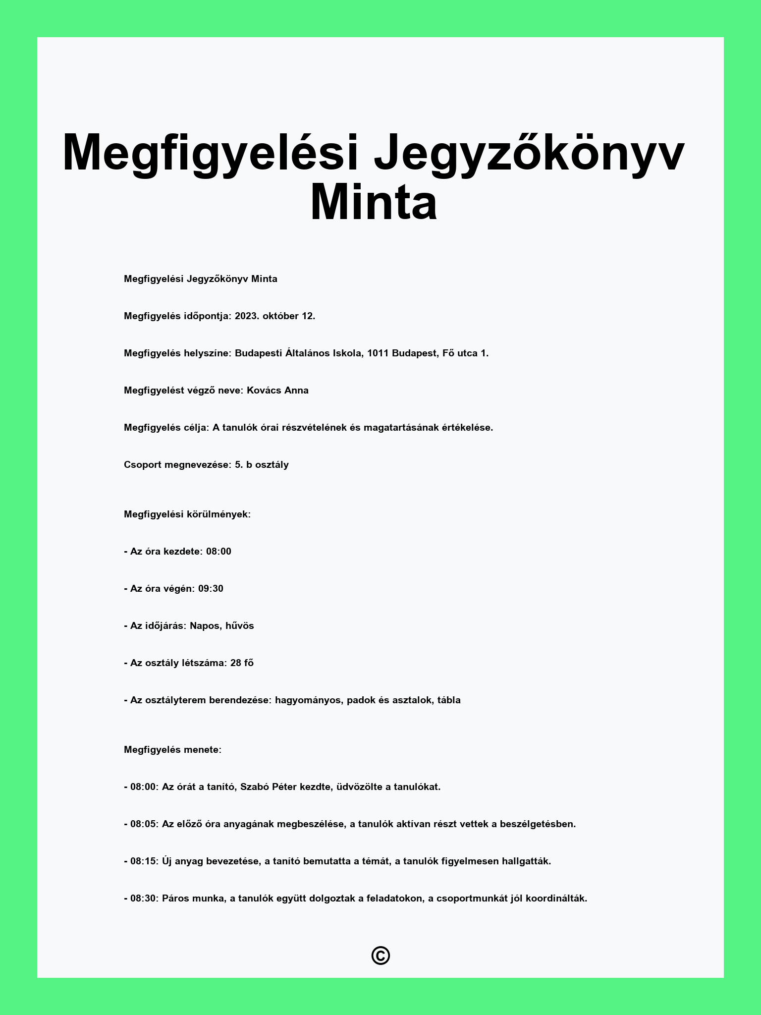 Megfigyelési Jegyzőkönyv Minta