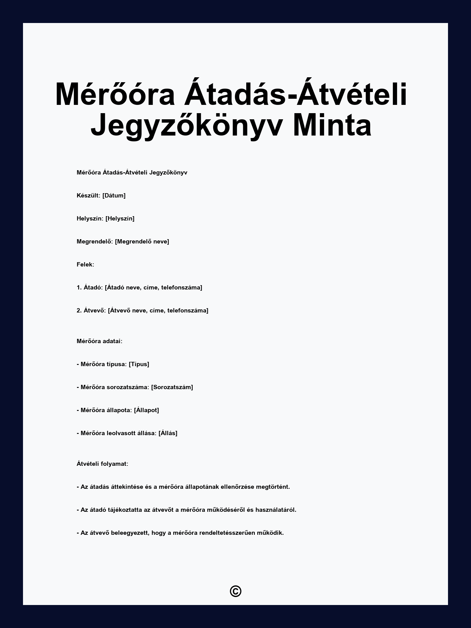 Mérőóra Átadás-Átvételi Jegyzőkönyv Minta