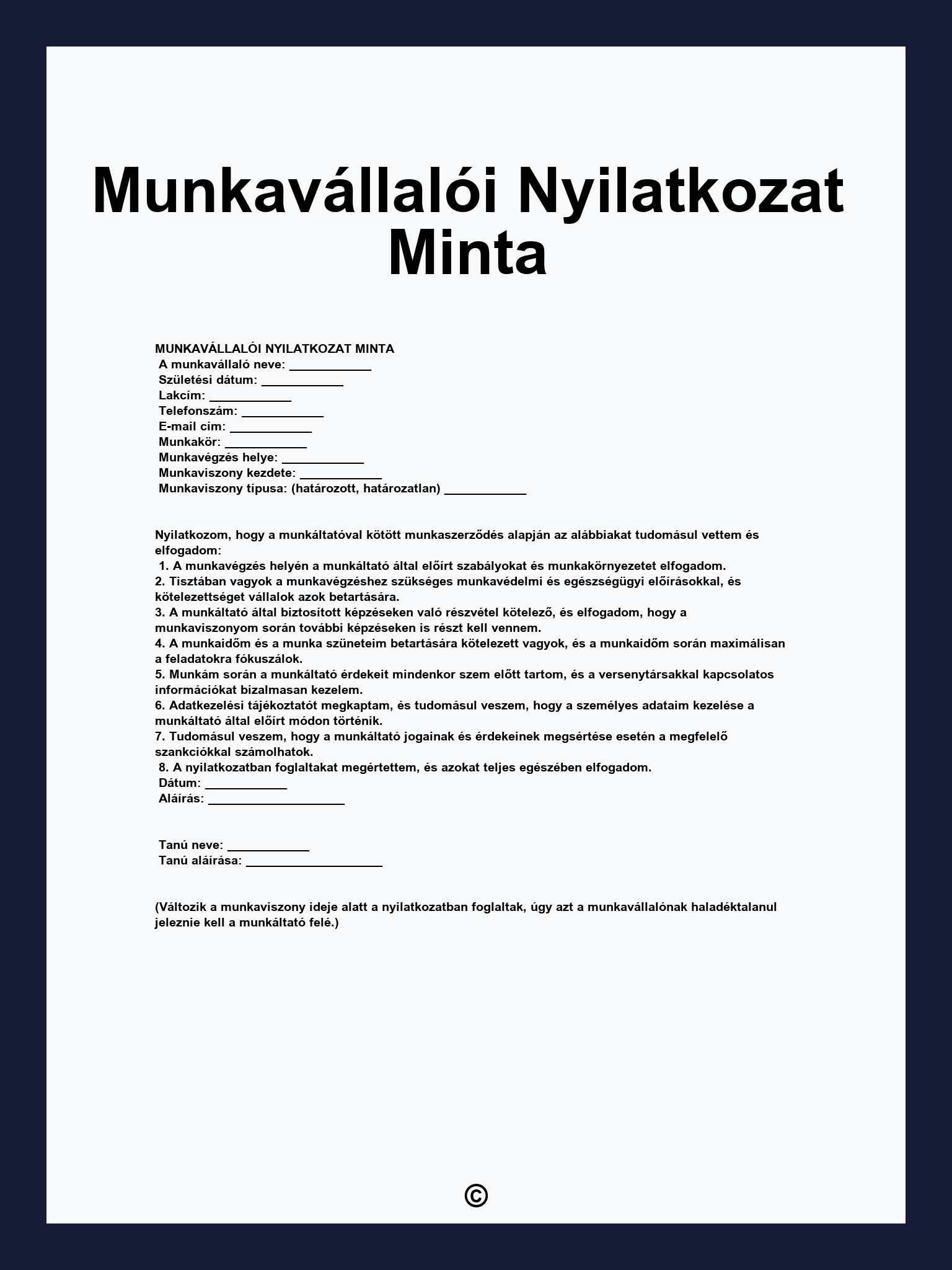 Munkavállalói Nyilatkozat Minta