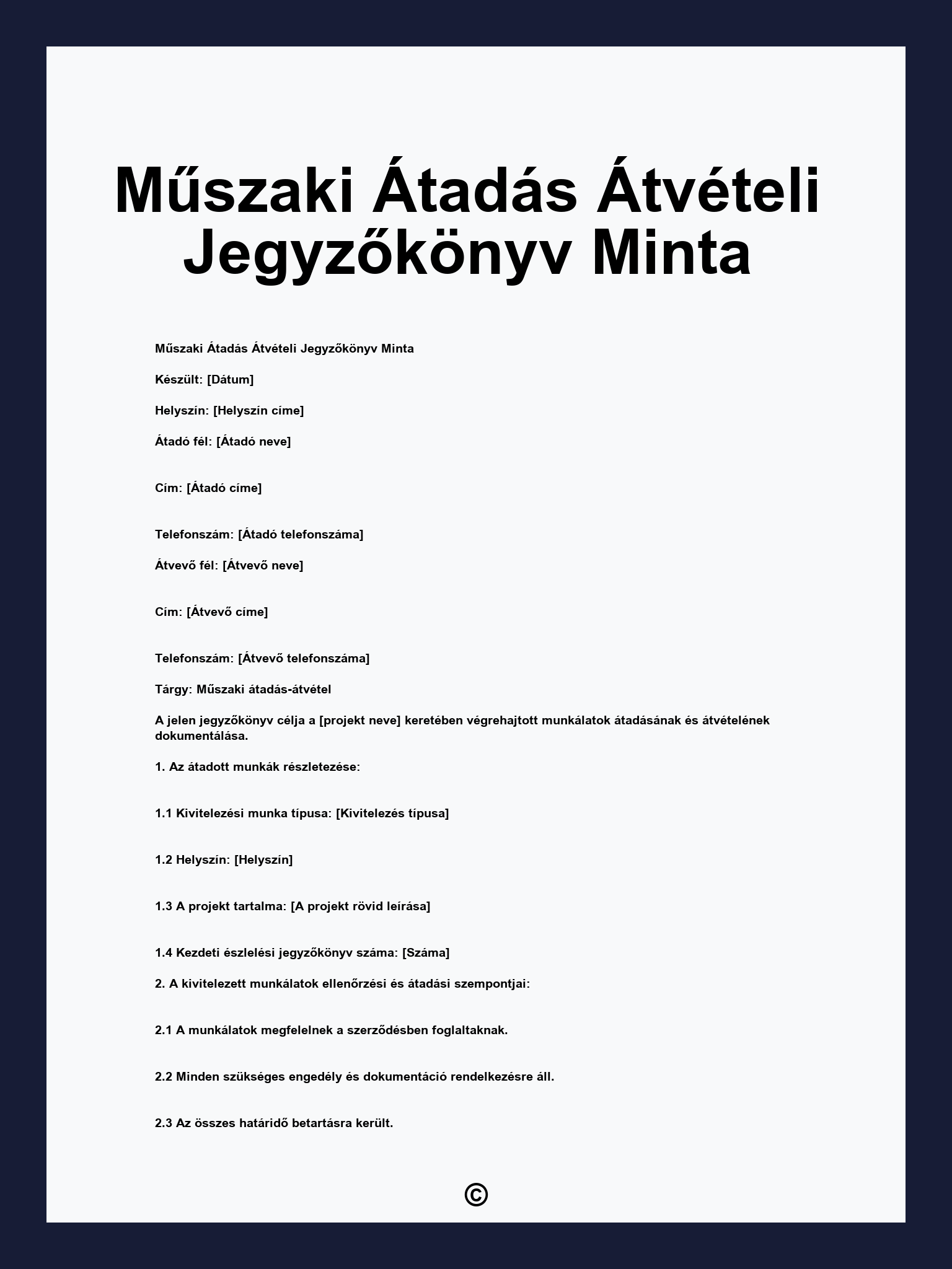 Műszaki Átadás Átvételi Jegyzőkönyv Minta