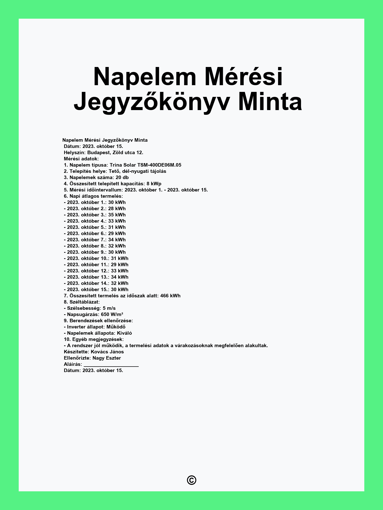 Napelem Mérési Jegyzőkönyv Minta