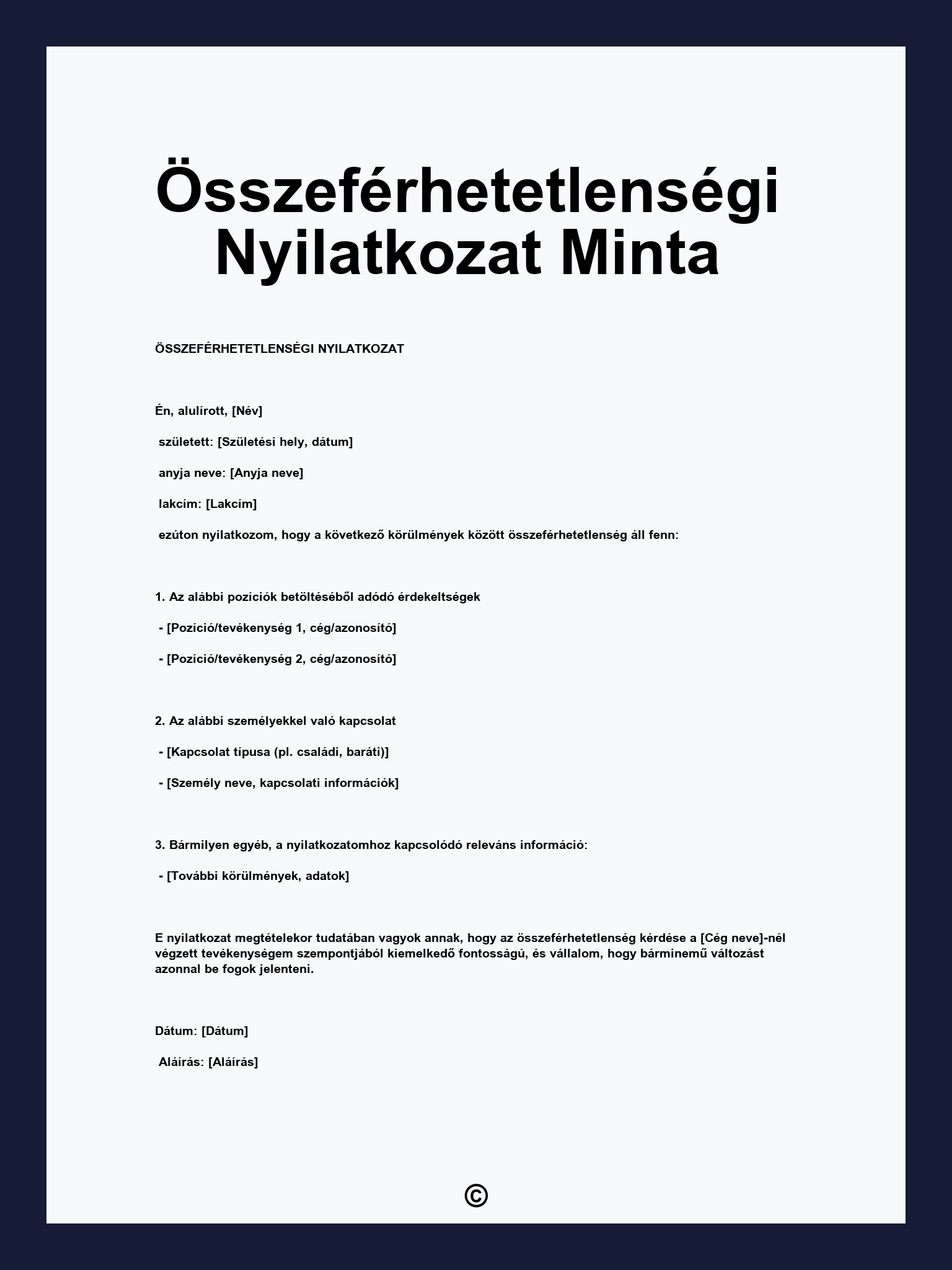 Összeférhetetlenségi Nyilatkozat Minta