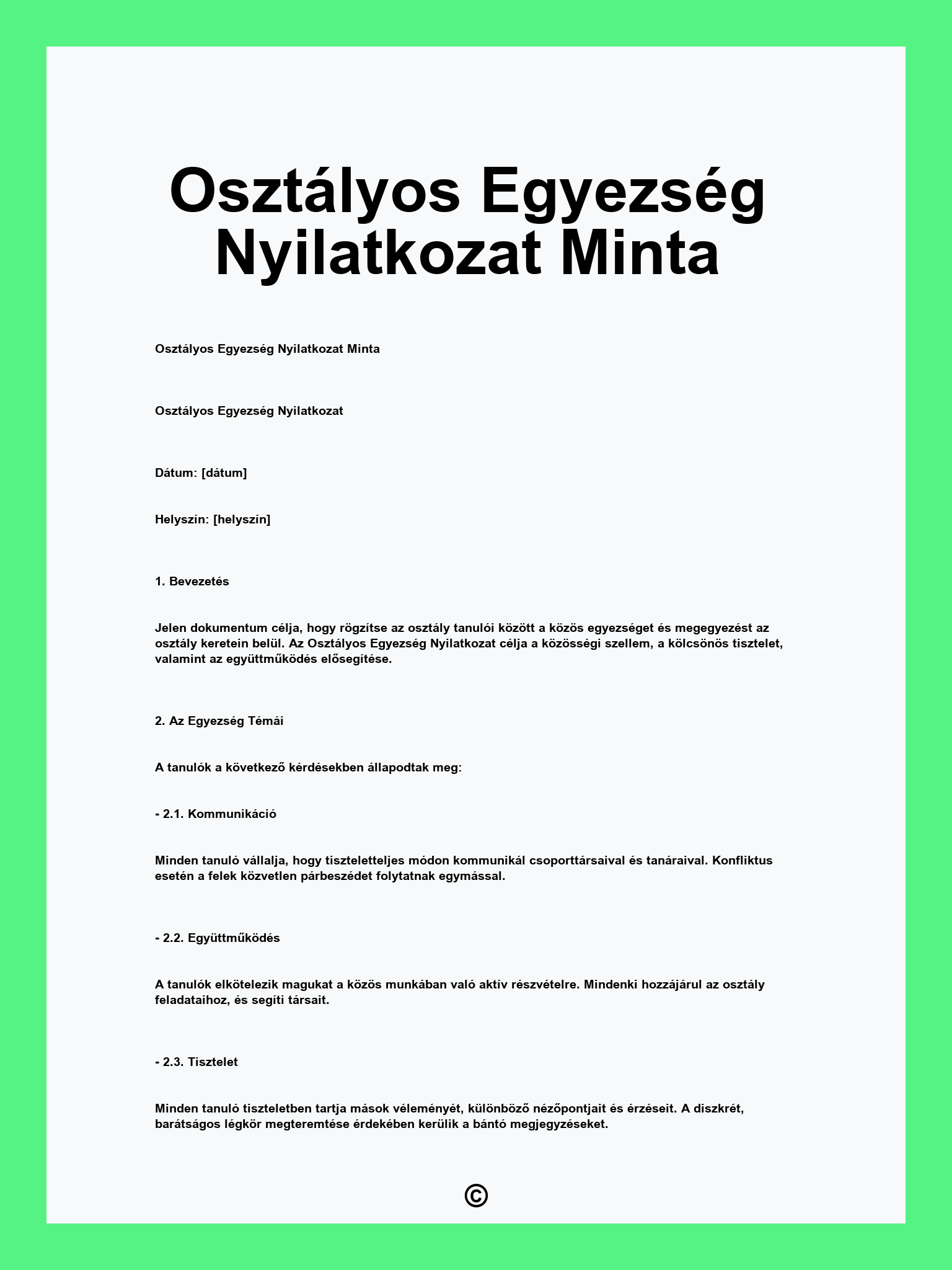 Osztályos Egyezség Nyilatkozat Minta