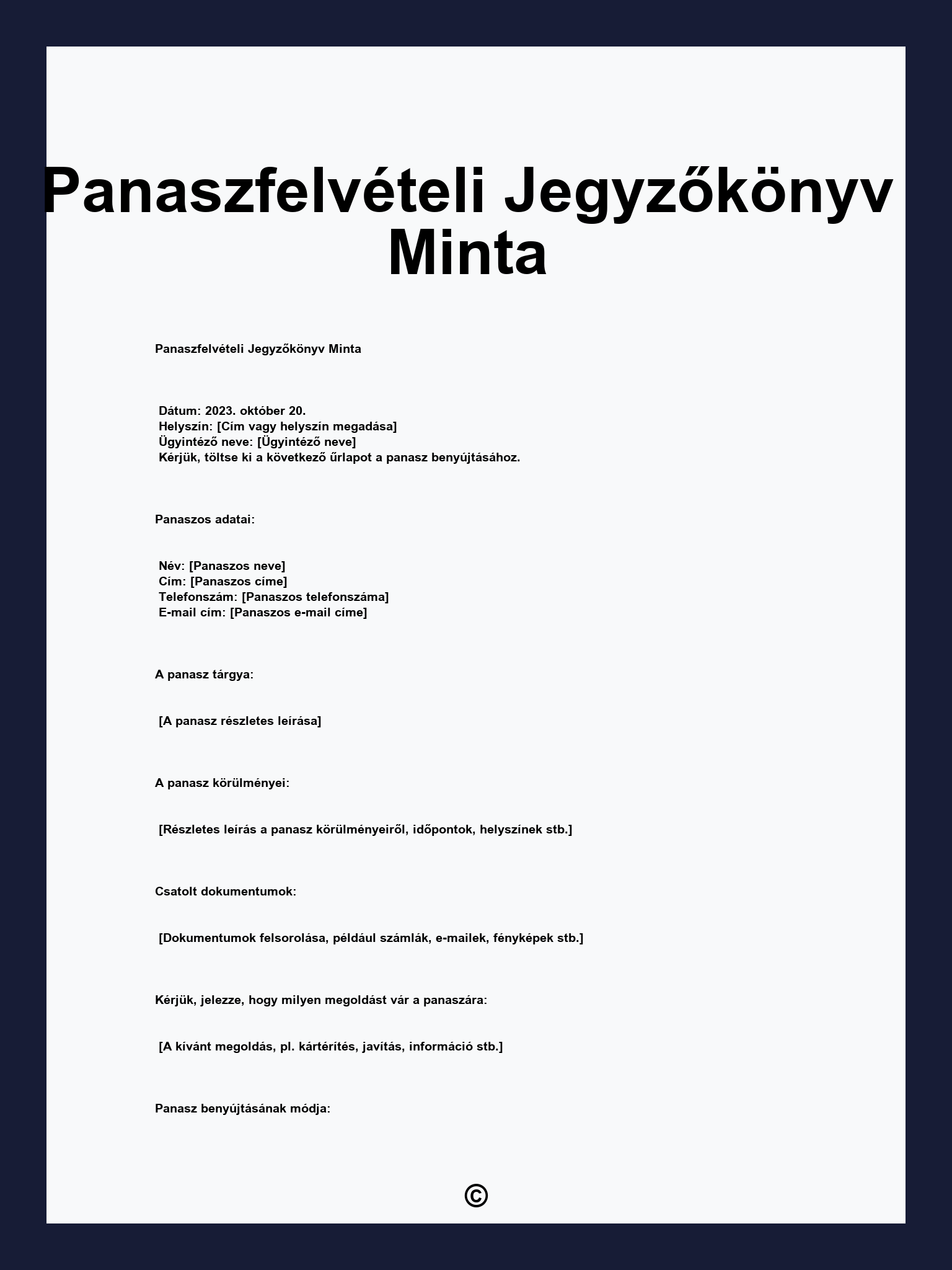 Panaszfelvételi Jegyzőkönyv Minta