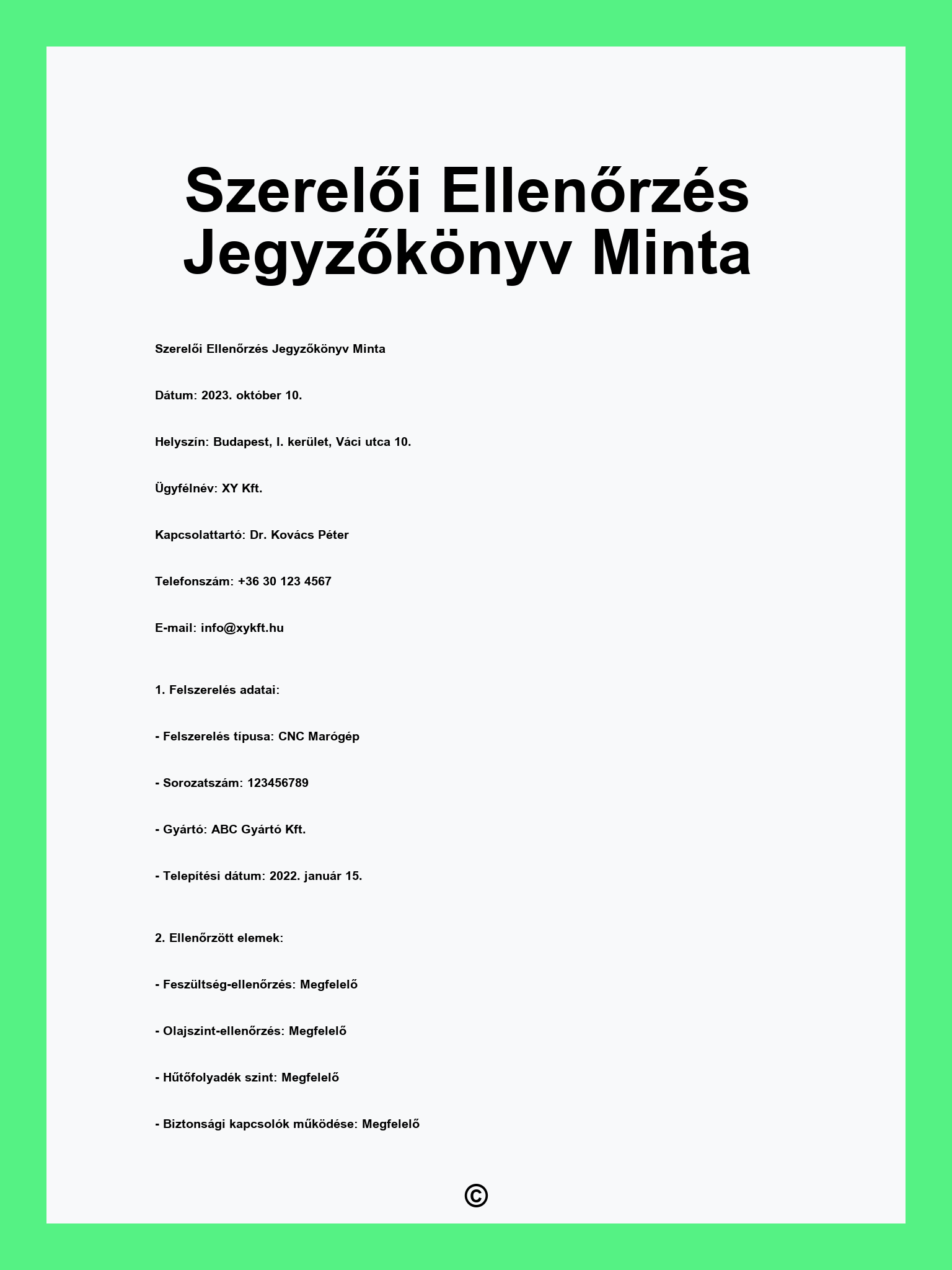 Szerelői Ellenőrzés Jegyzőkönyv Minta