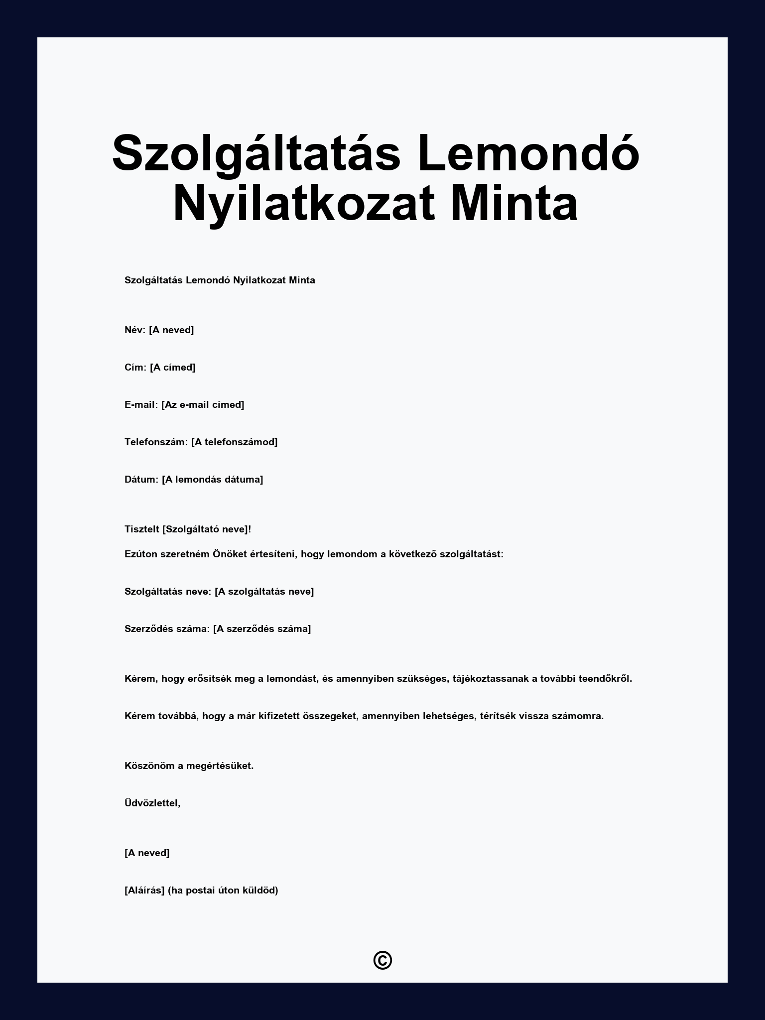 Szolgáltatás Lemondó Nyilatkozat Minta