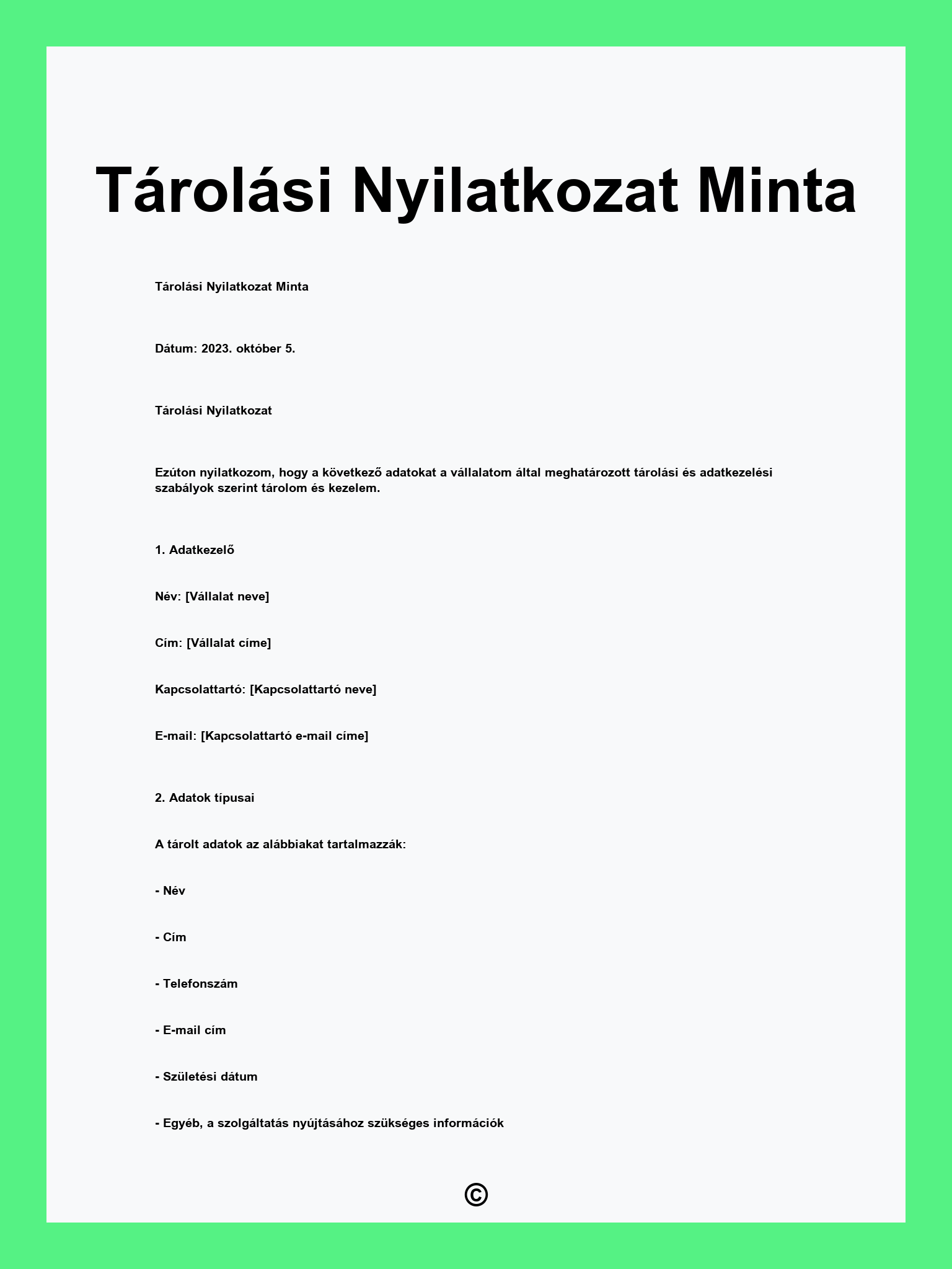 Tárolási Nyilatkozat Minta