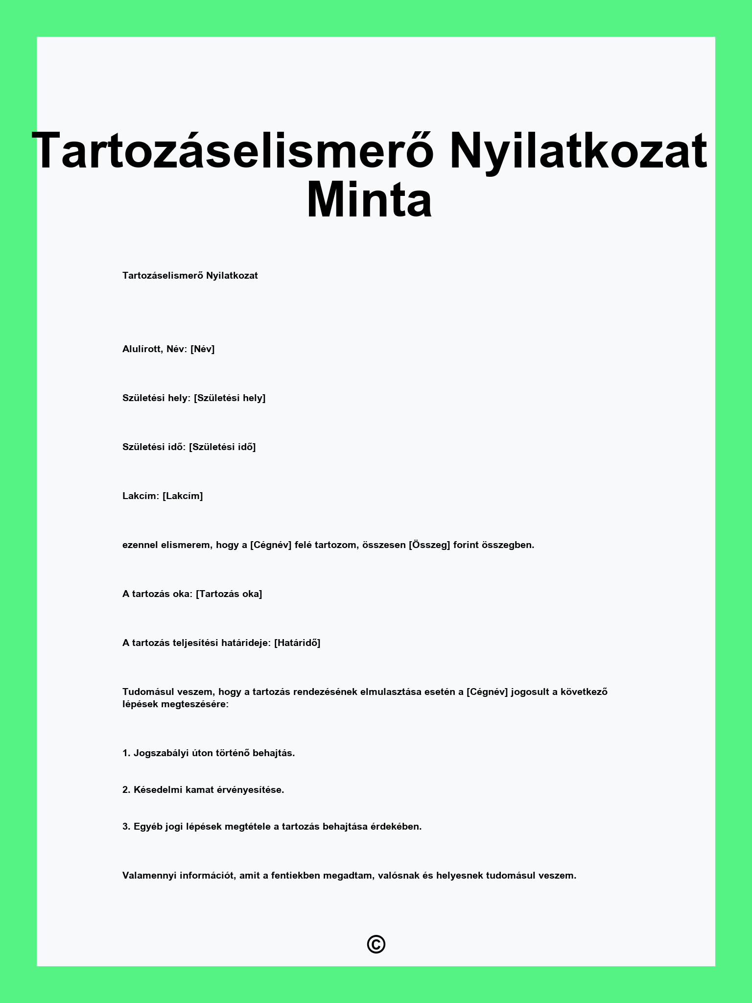 Tartozáselismerő Nyilatkozat Minta