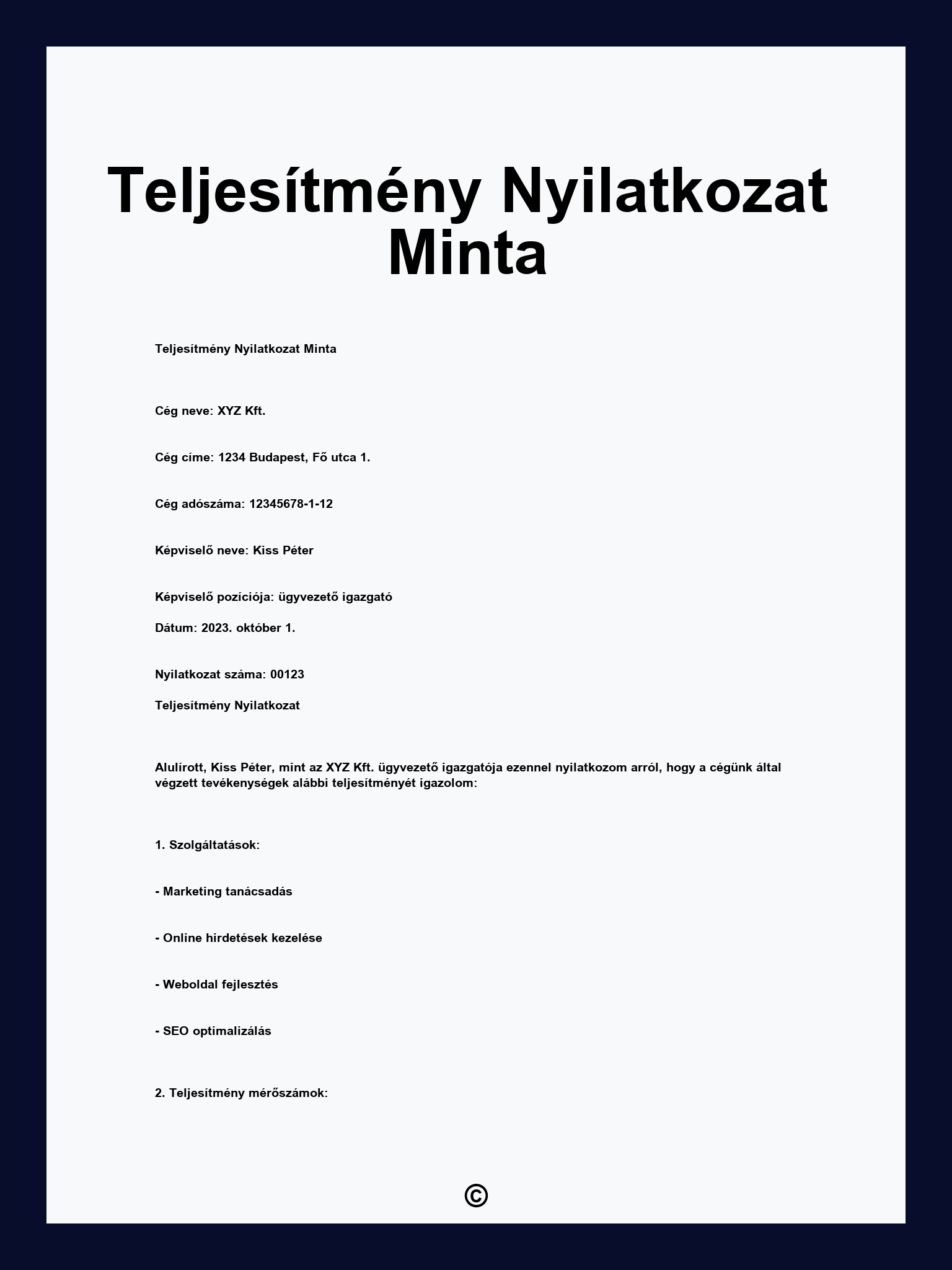 Teljesítmény Nyilatkozat Minta