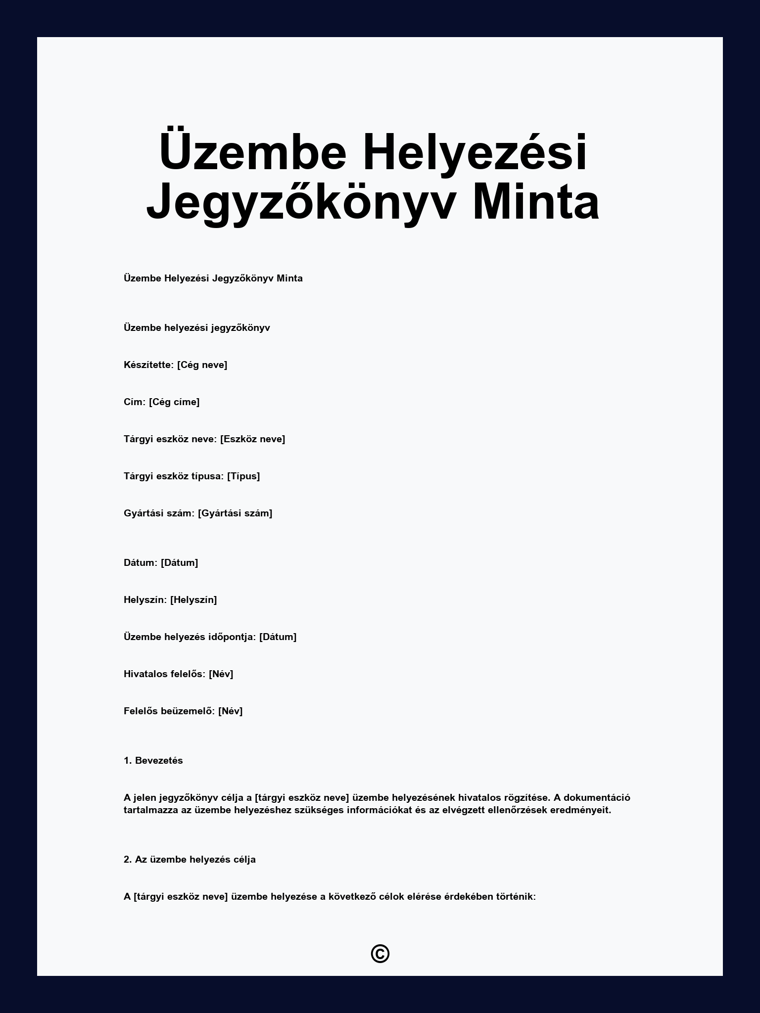 Üzembe Helyezési Jegyzőkönyv Minta