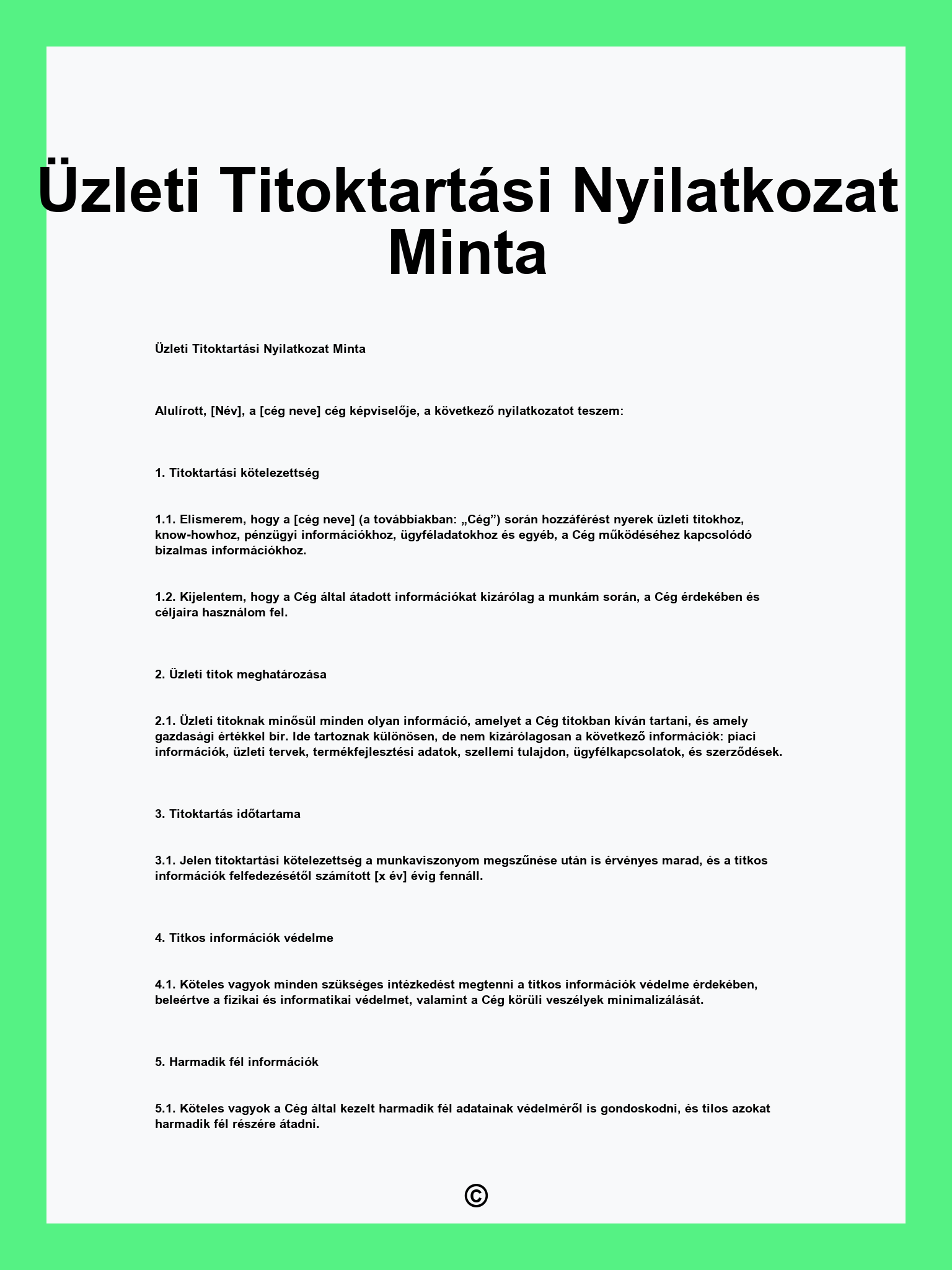 Üzleti Titoktartási Nyilatkozat Minta