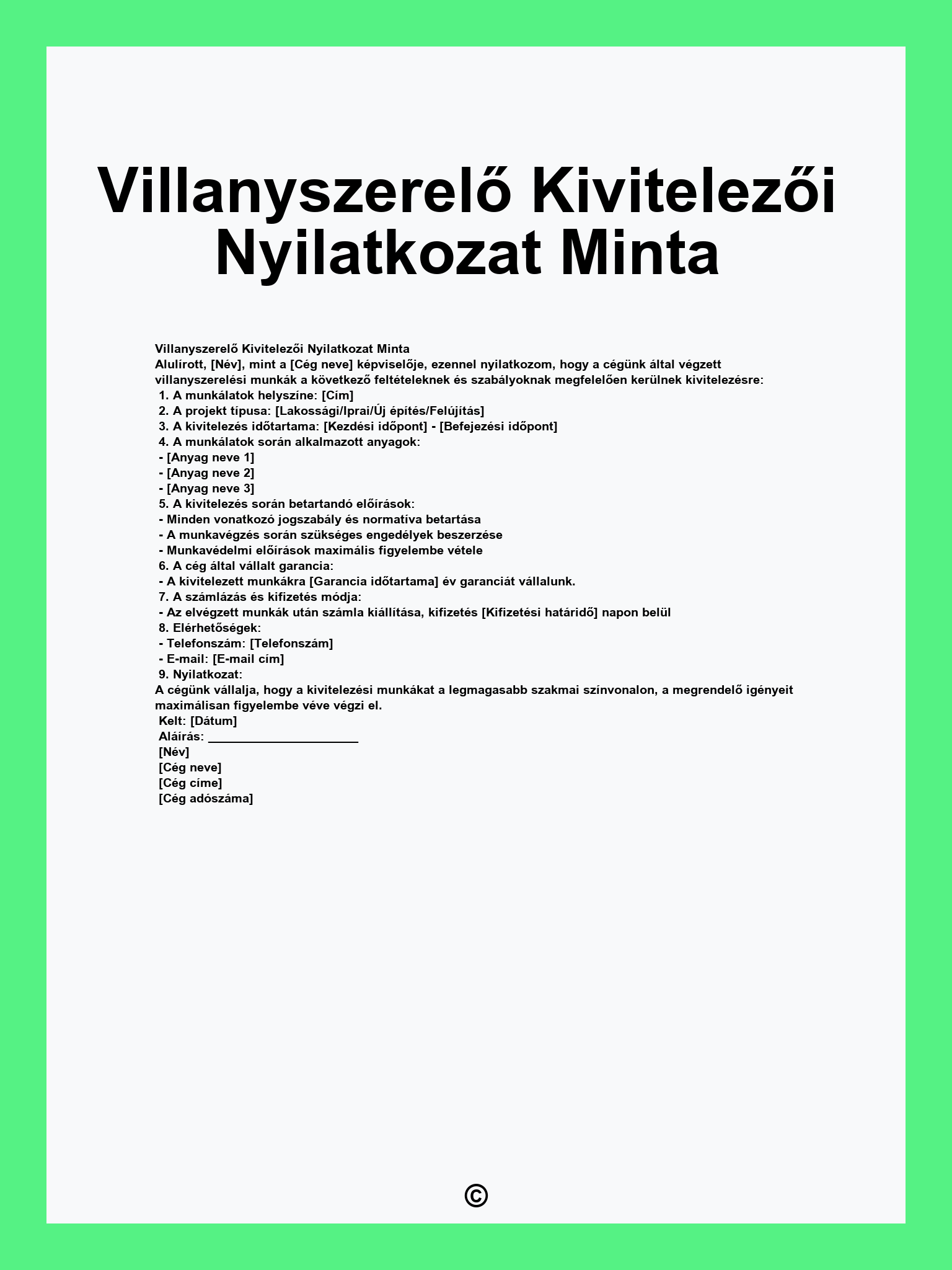 Villanyszerelő Kivitelezői Nyilatkozat Minta